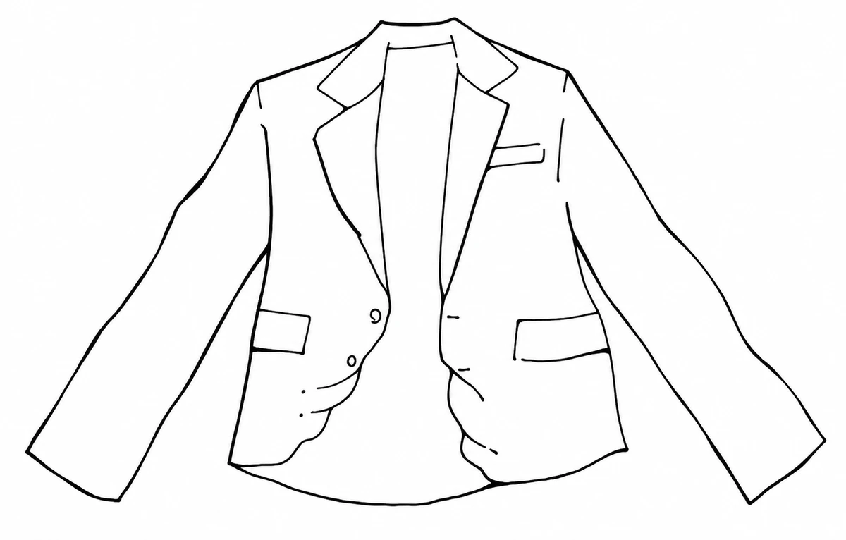 妻が記憶を頼りに描いた、シワシワになった感動ジャケットの線画。前を開いた状態で、左右の腰ポケットの下から裾にかけて布が寄っている